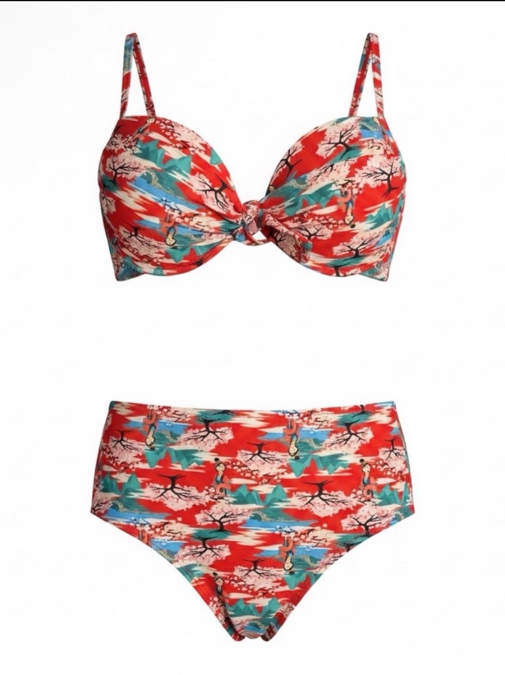 Hot Topic x Disney Mulan Retro High Waisted Red Cherry Blossom Pin Up Bikini Set
